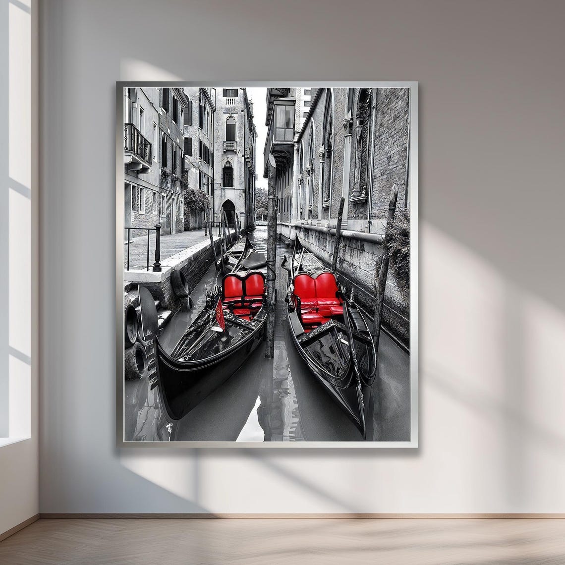 Dramatic Venice Canal Gondolas Black White Red Accent Poster
