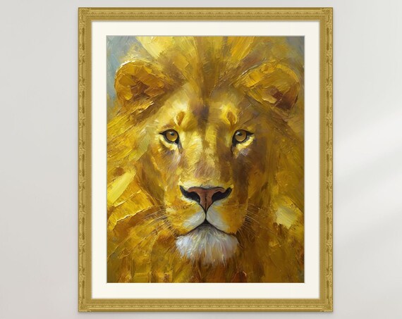 Golden Lion Face Impasto Oil Painting Vibrant Modern Wildlife Art Poster