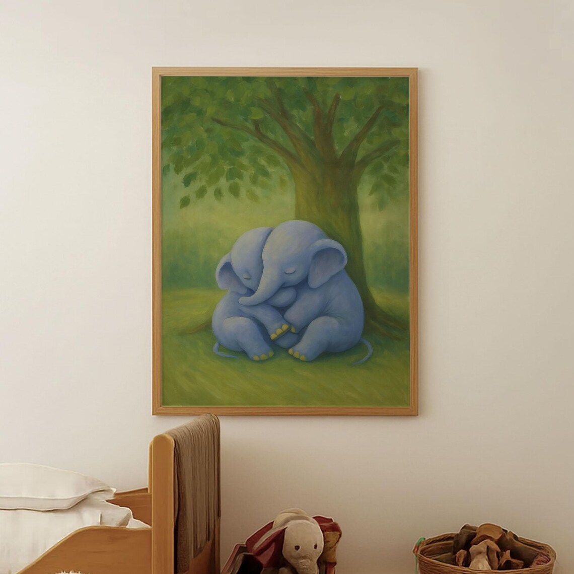 Two Baby Elephants Hugging Under Tree Tender Nursery Kids Room Poster