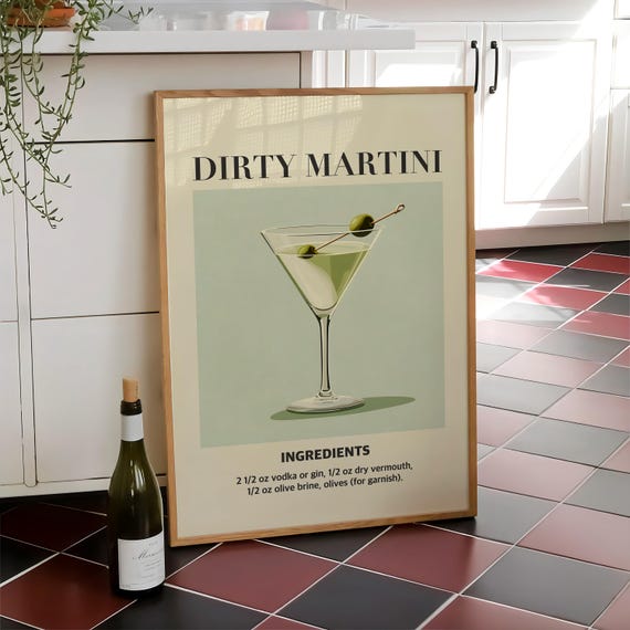 Dirty Martini Cocktail Print Poster Retro Kitchen Trendy Drink Art Bar Cart Party Wall Digital File