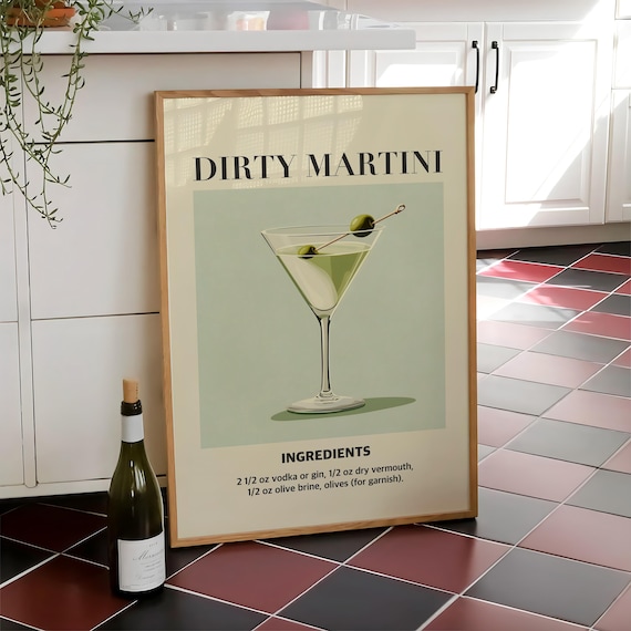 Dirty Martini Retro Cocktail Recipe Vintage Bar Cart Kitchen Art Poster