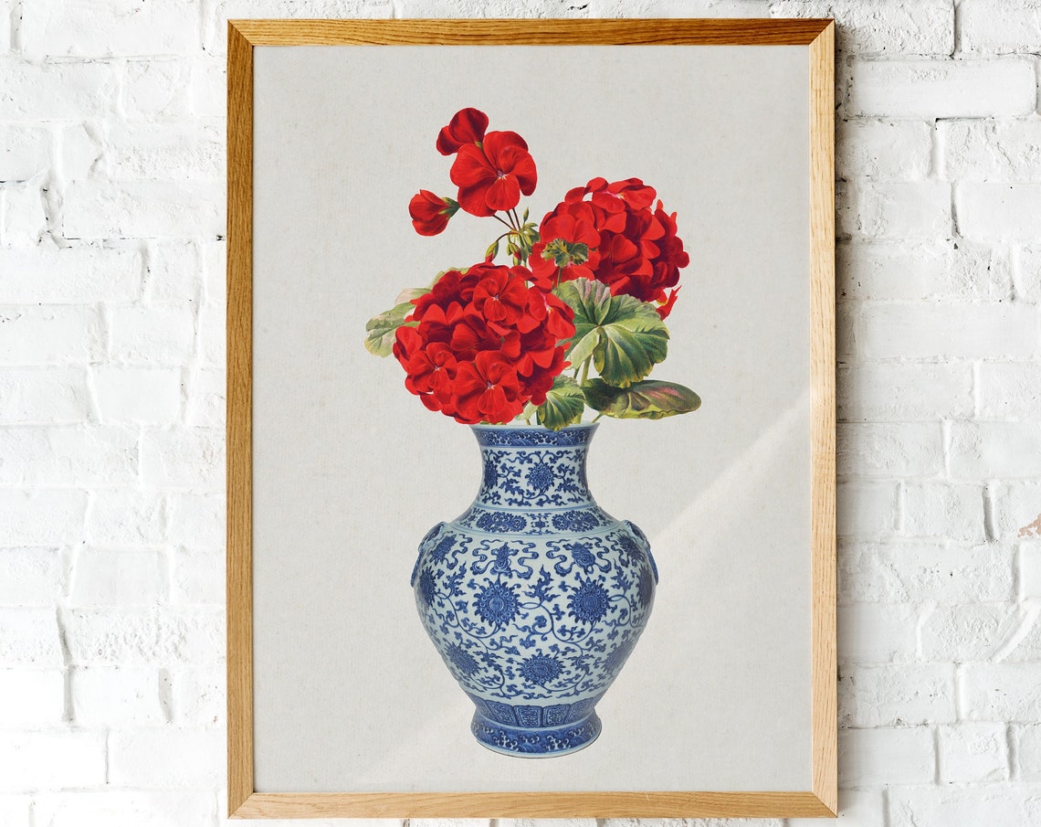 Red Flower Vase Print Botanical Poster China Chinoiserie Wall Art Trending Floral