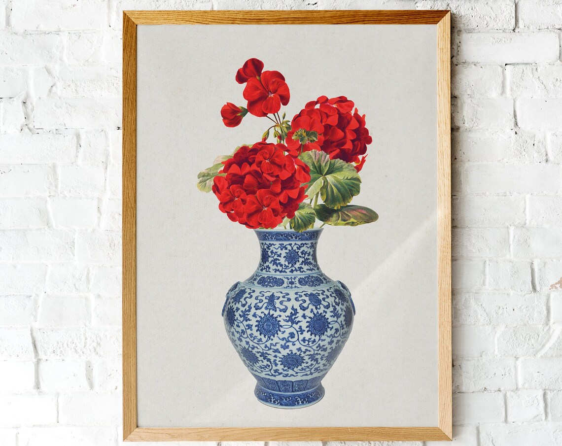 Red Geraniums Blue White Chinoiserie Vase Still Life Botanical Poster