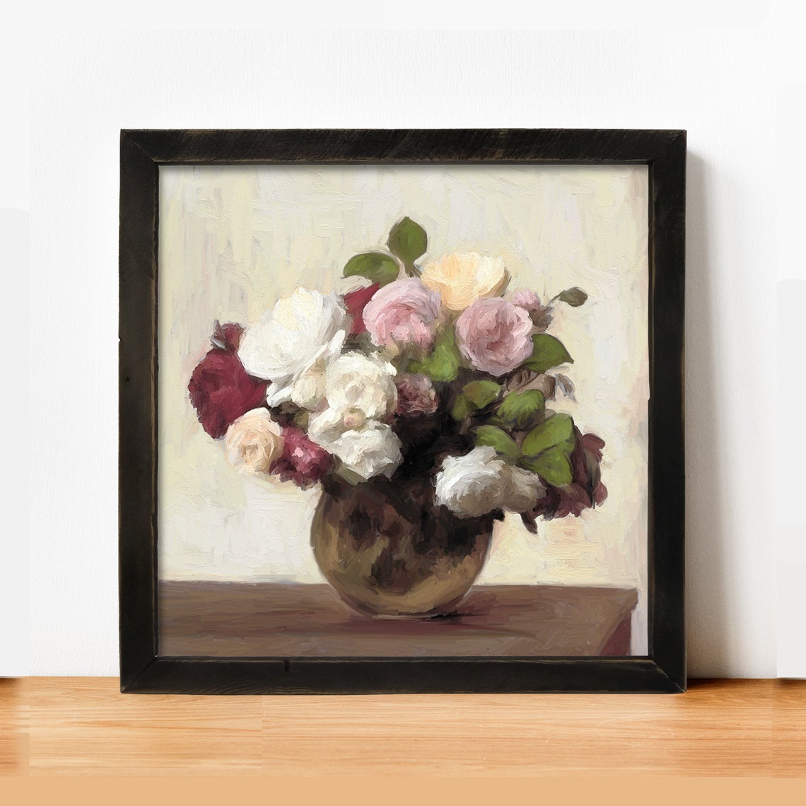 Peony Bouquet in Vase Soft Pink White Vintage Floral Framed Poster