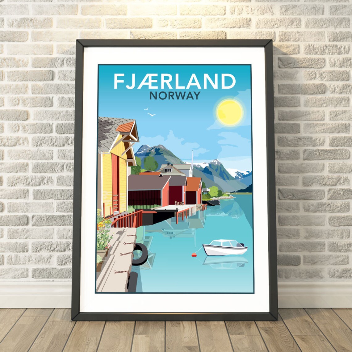 Fjaerland Norway Fjord Village Boathouses Vintage Travel Scene Wall Art