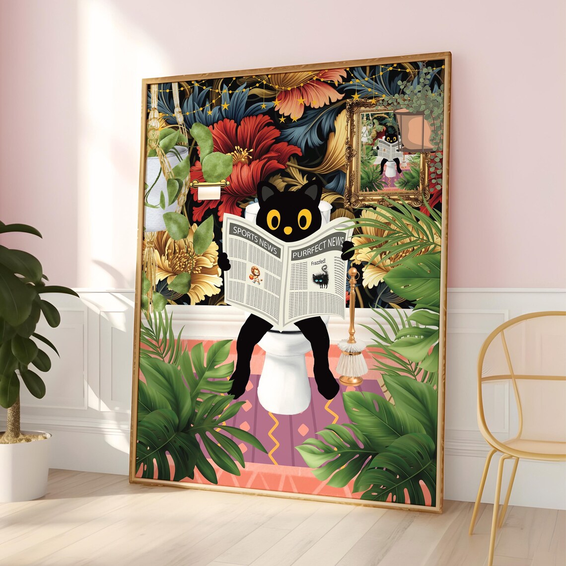 Black Cat Reading Purrfect News On Toilet Botanical Bath Poster