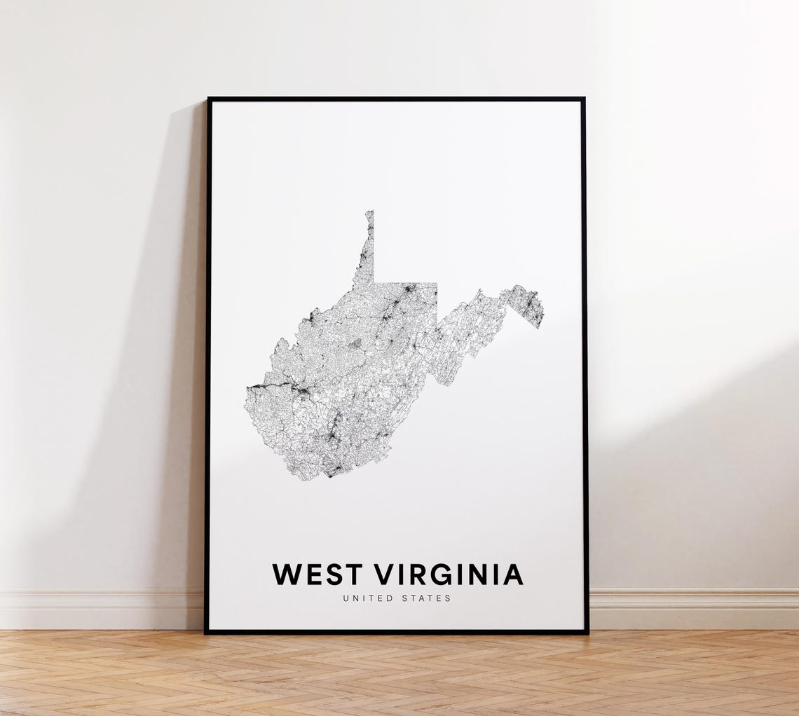West Virginia State Road Map Minimalist Black Line Art Poster
