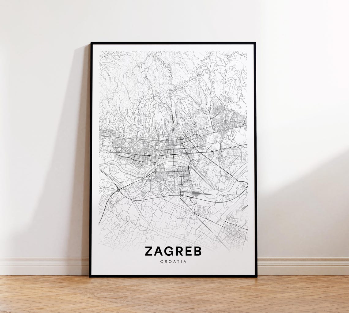 Zagreb City Map Street Croatia Modern Print Decor Wall Art Instant