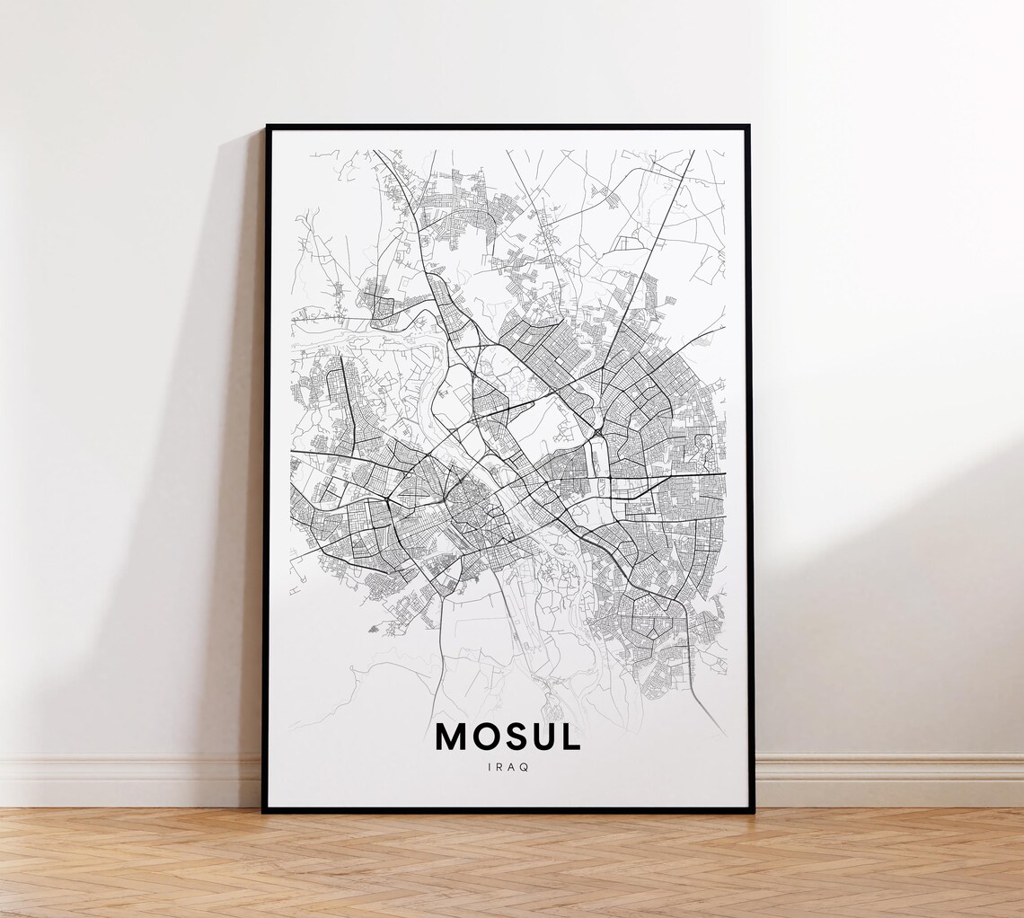Mosul Iraq Minimalist Street Map Black and White City Poster
