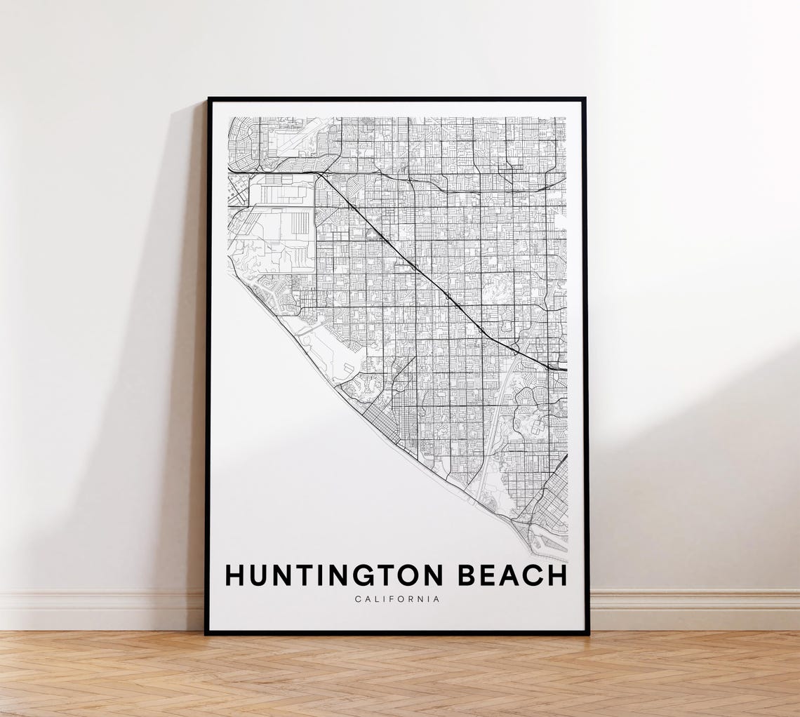 Huntington Beach Map Print Poster Art Street Road Wall Living Room Decor