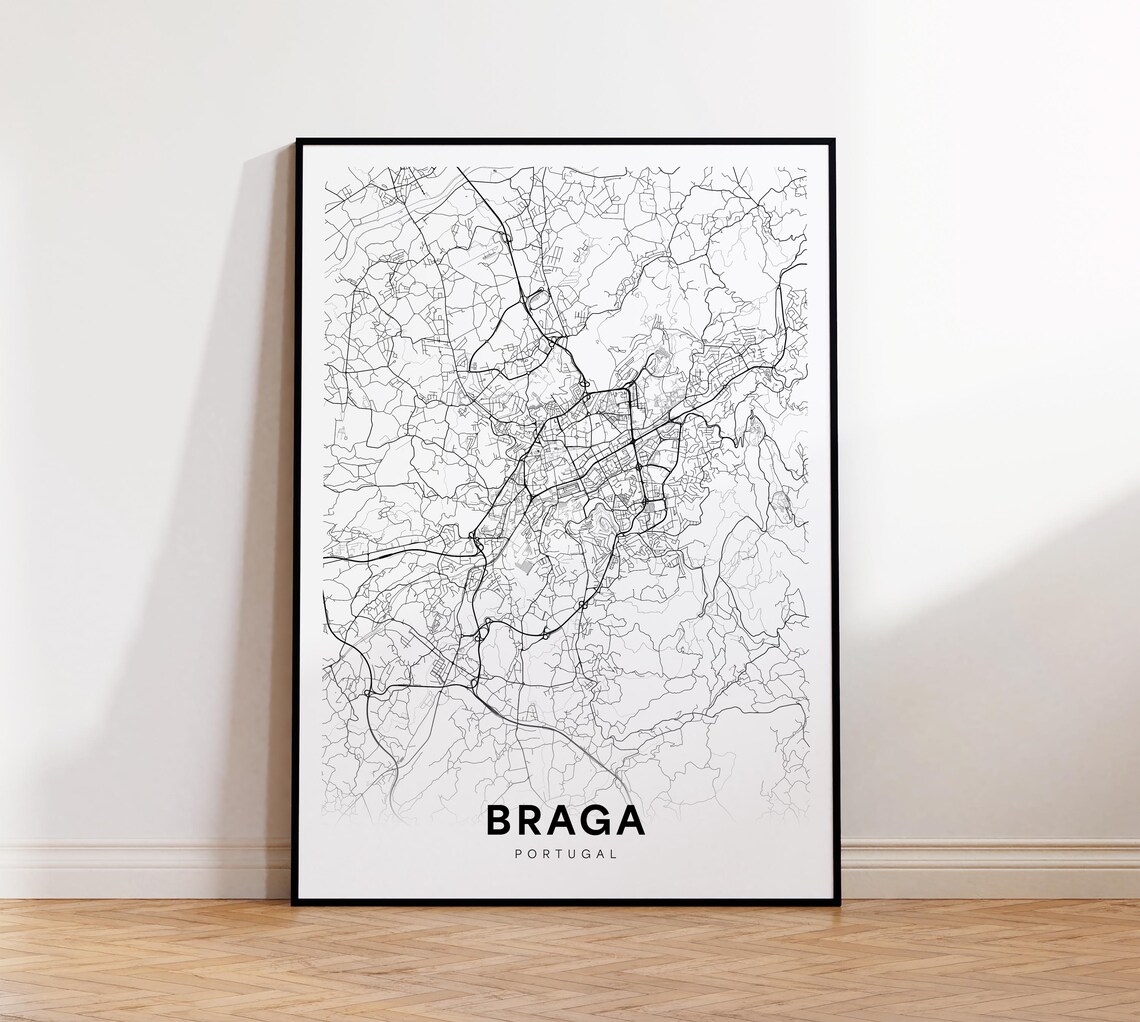 Braga Portugal Detailed Street Map Minimalist Monochrome Art Poster