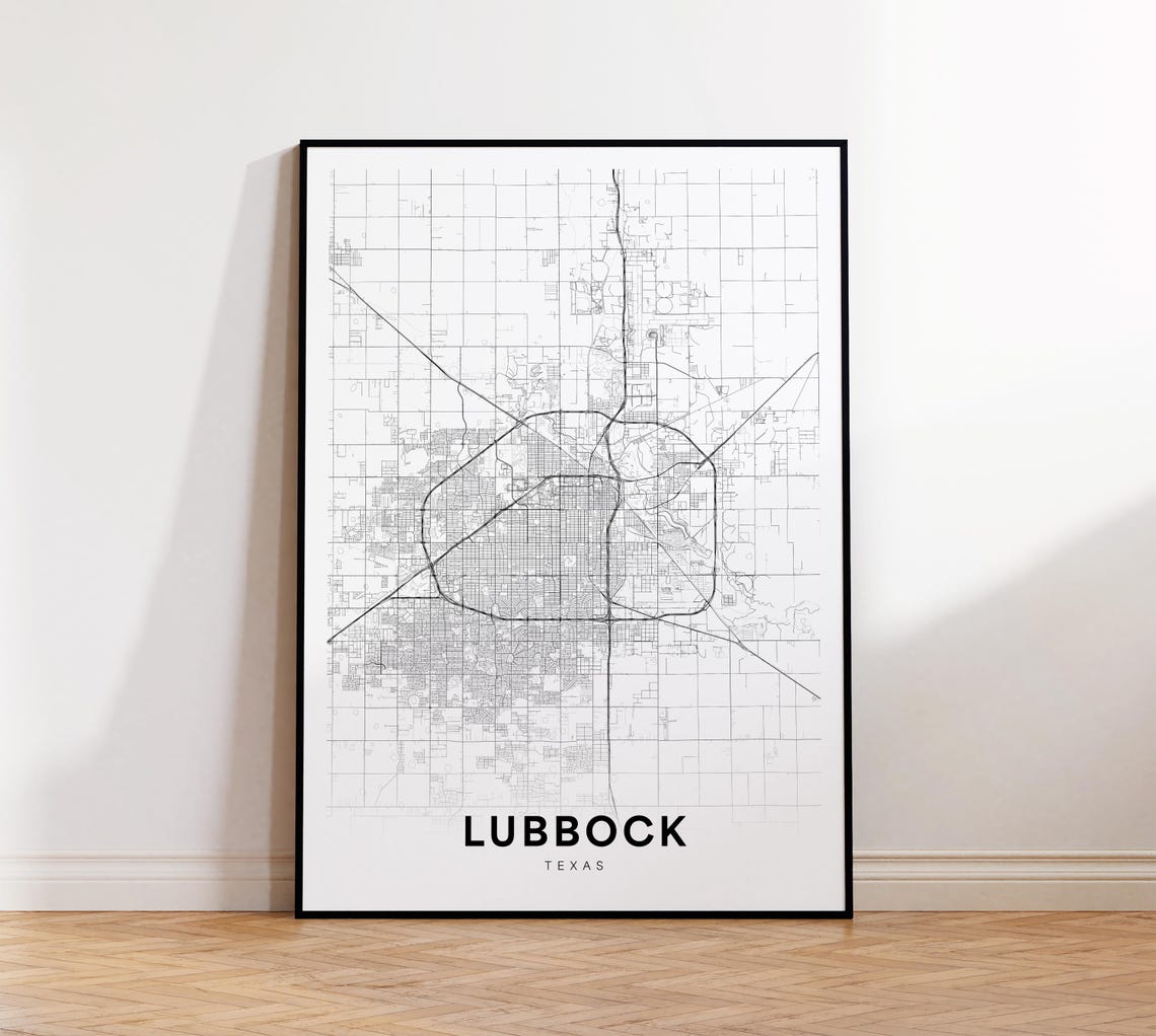 Lubbock City Map Print Street Poster Texas Art Road Wall Office