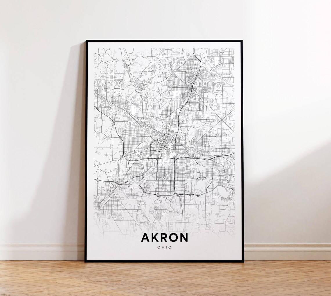 Akron Ohio City Street Map Black And White Modern Poster Art