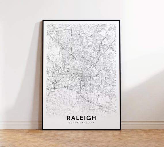 Raleigh City Map Poster Nc Street North Carolina Print Road Wall Art Office