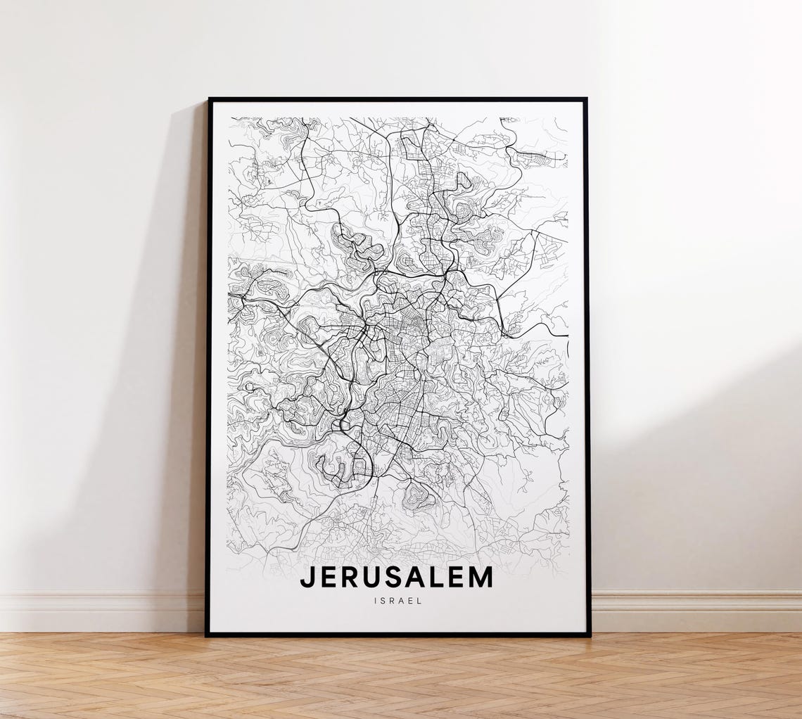 Jerusalem City Map Print Poster Israel Art Black And White Minimalist
