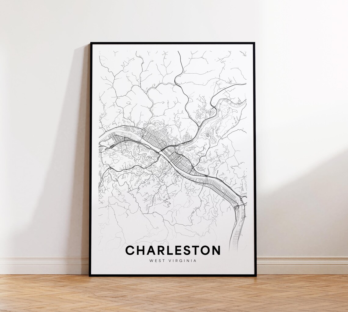 Charleston West Virginia Minimalist Street Map Monochrome Wall Art