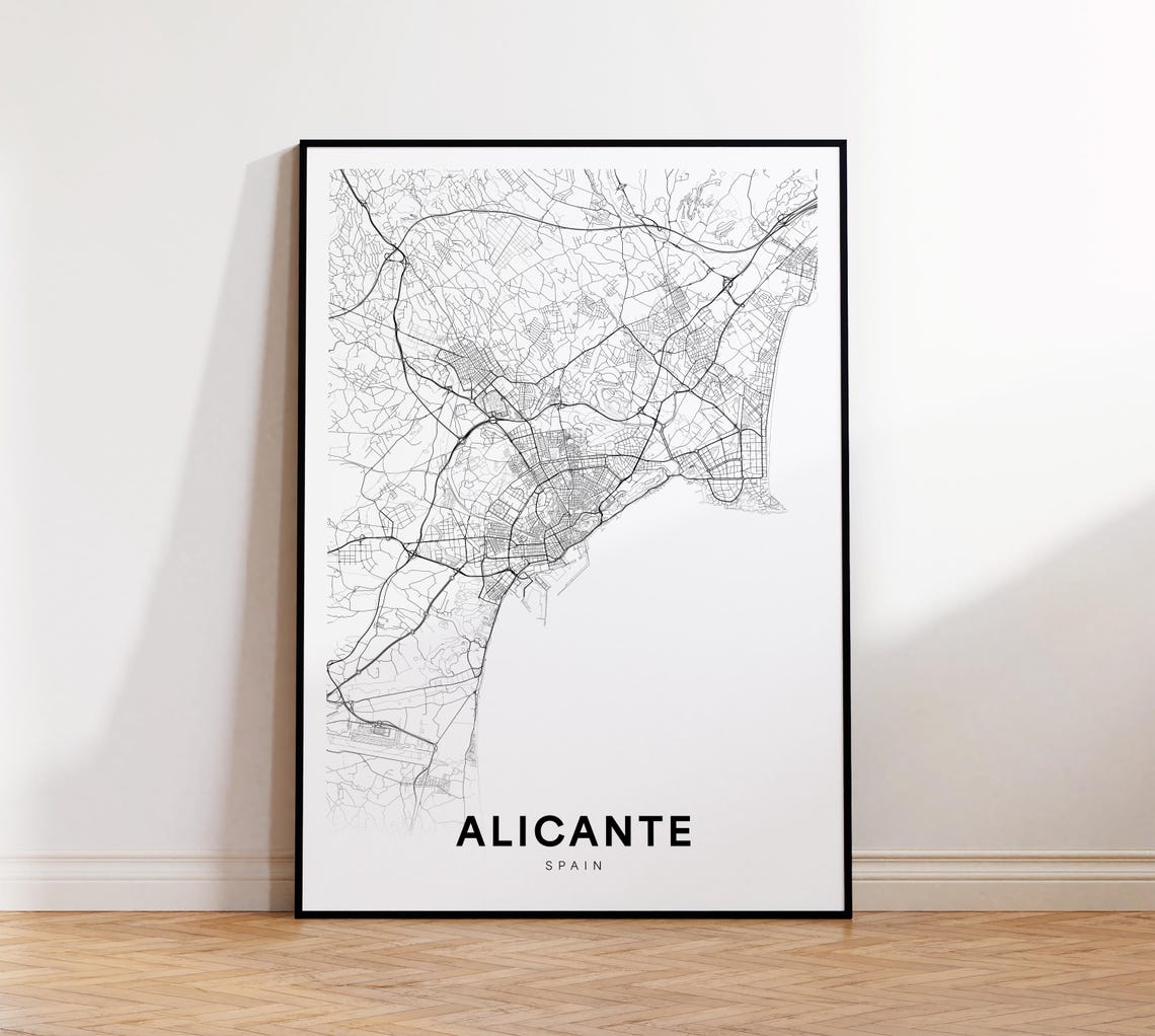 Alicante City Map Spain Wall Art Minimalist Print Modern Decor Street Gift For Him Instant
