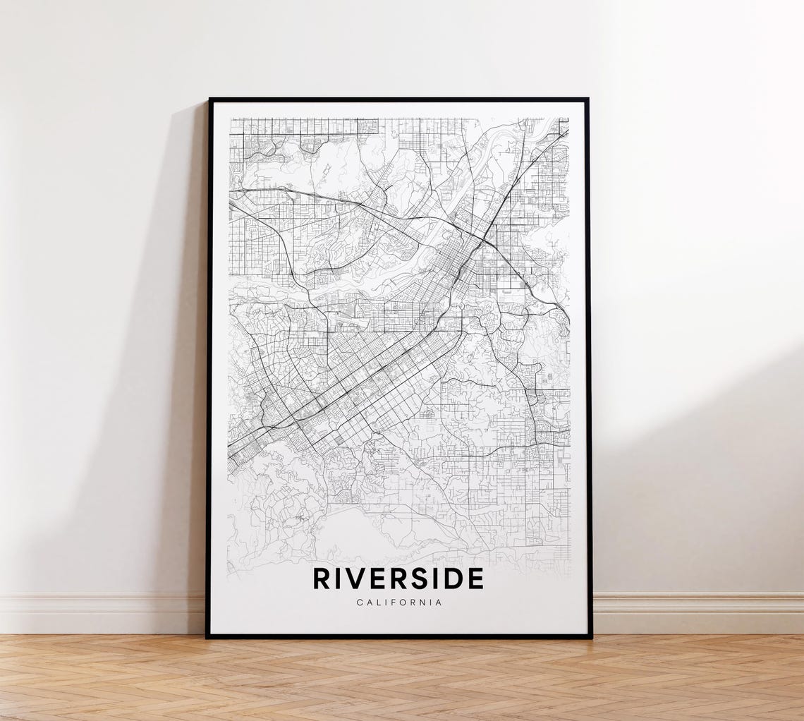 Riverside California Minimalist Black White Street Map Poster