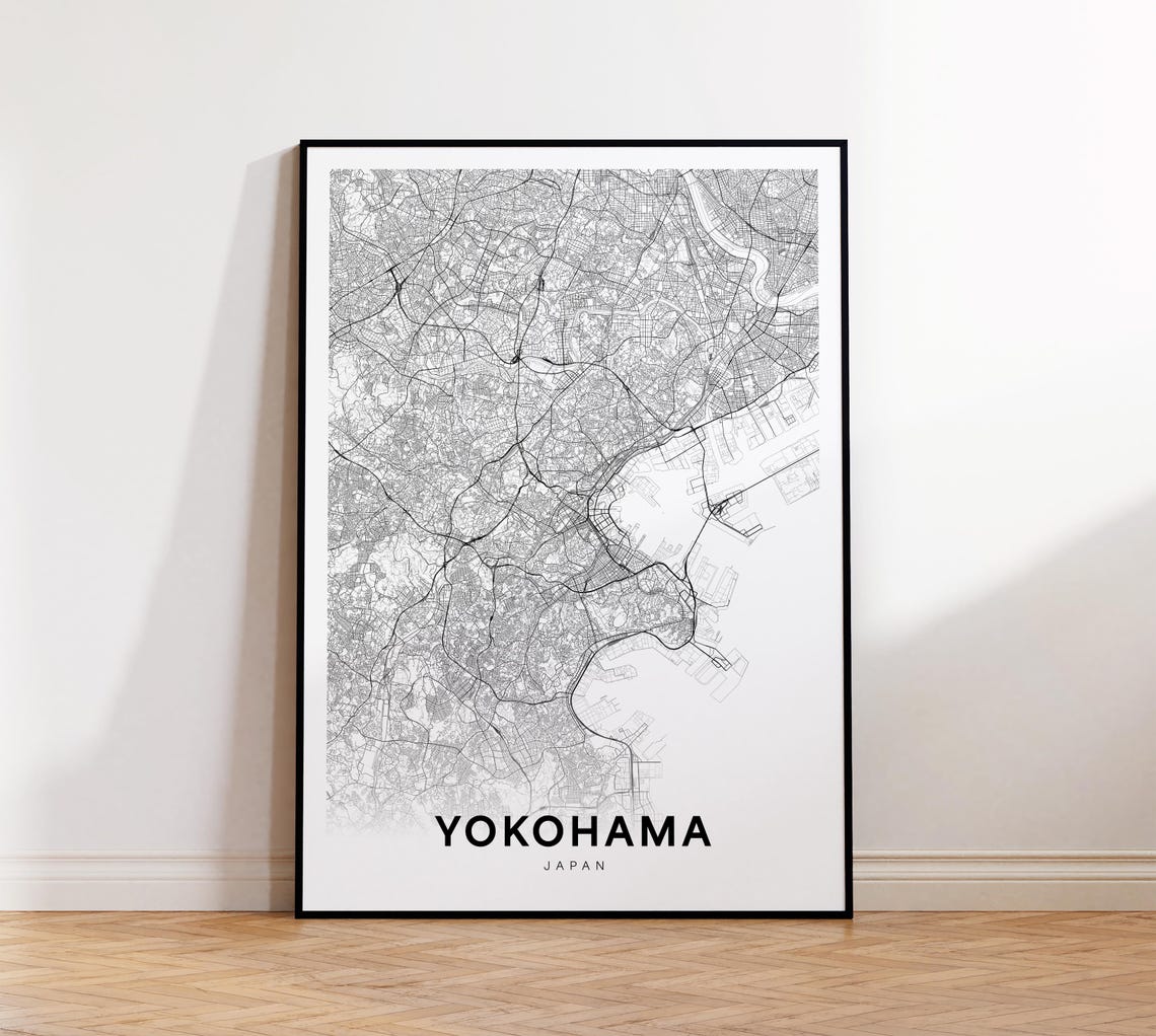 Yokohama City Map Print Poster Japan Art Street Road Wall