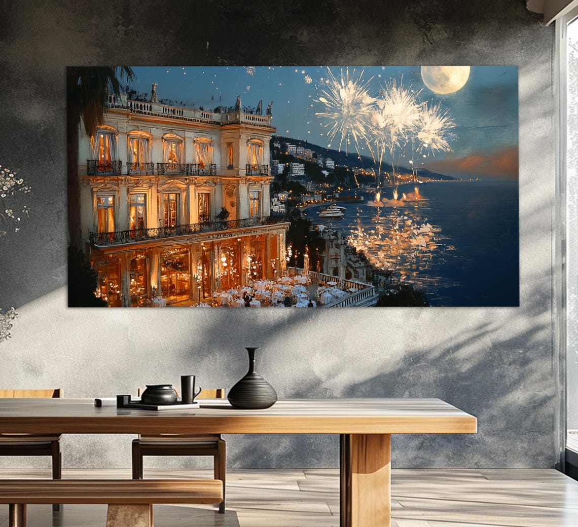 Nice French Riviera Waterfront Hotel Fireworks Moonlit Bay Poster - Image 5