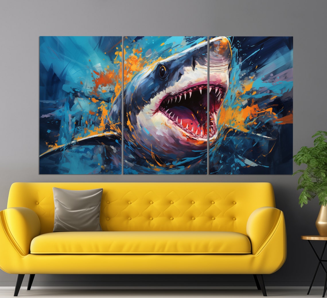 Angry Shark Open Jaws Underwater Ocean Blue Abstract Art Poster - Image 3