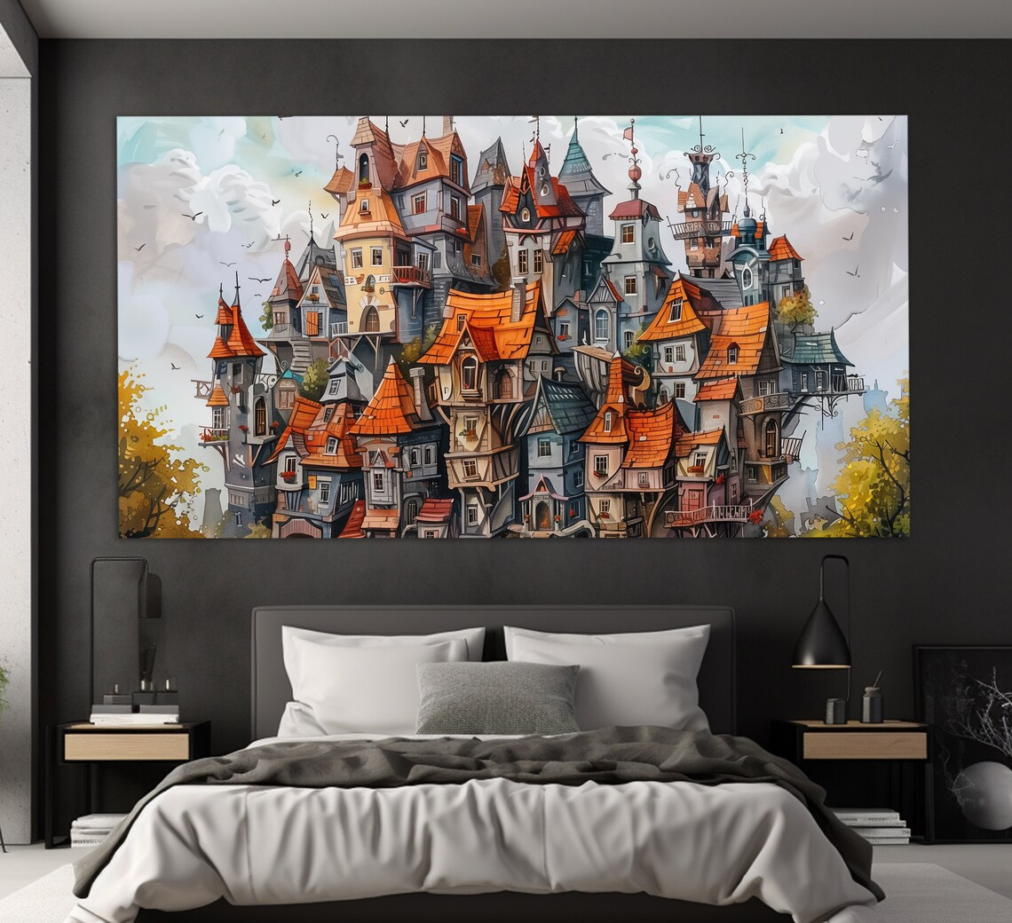 Whimsical Stacked Fantasy Houses Orange Rooftops Surreal Village Wall Poster