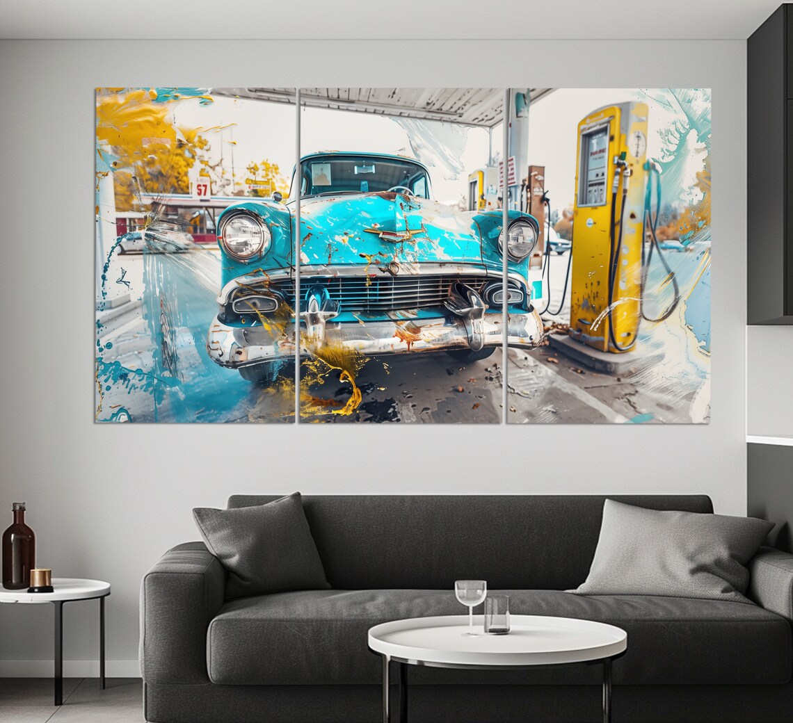 Vintage Gas Station With Retro Car Print In An Abstract Oil Painting Style Vintage Wall Art Gas Station Decor Car Service Decor - Image 2