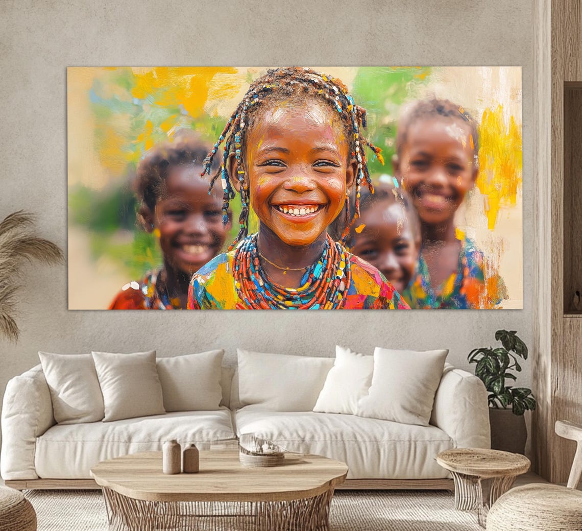 Smiling Kids Print In An Oil Painting Style Smiling African Children Painting African Wall Art Happy Ethnic Children Art