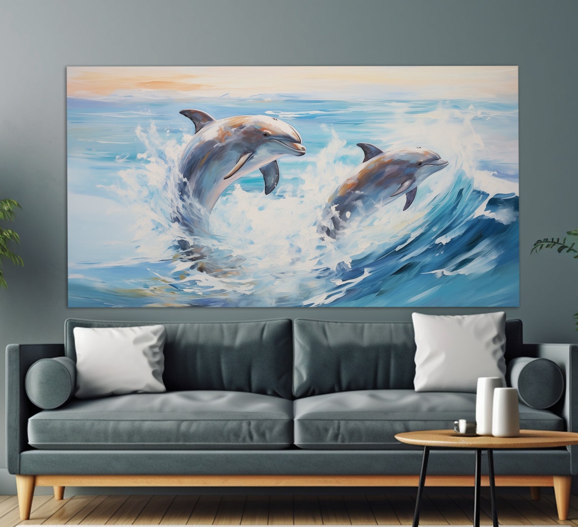 Dolphin Pair Leaping Ocean Waves Sunrise Blue Oil Painting Wall Art - Image 2