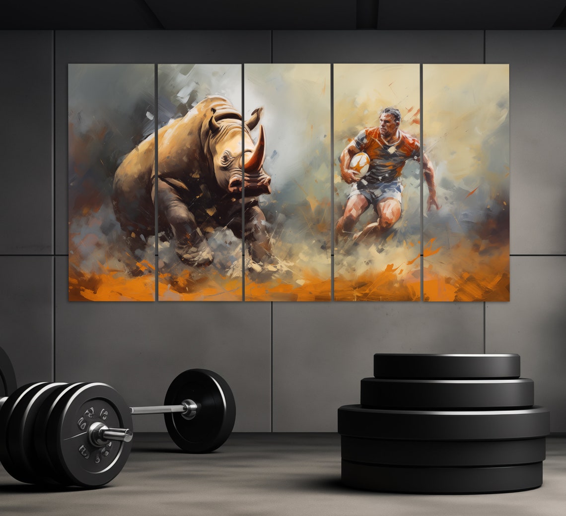 Rugby Player With Rhino Abstract Print In A Vintage Oil Painting Style Rugby Wall Art Rugby Painting Rugby Poster Rugby Fan Gift - Image 2