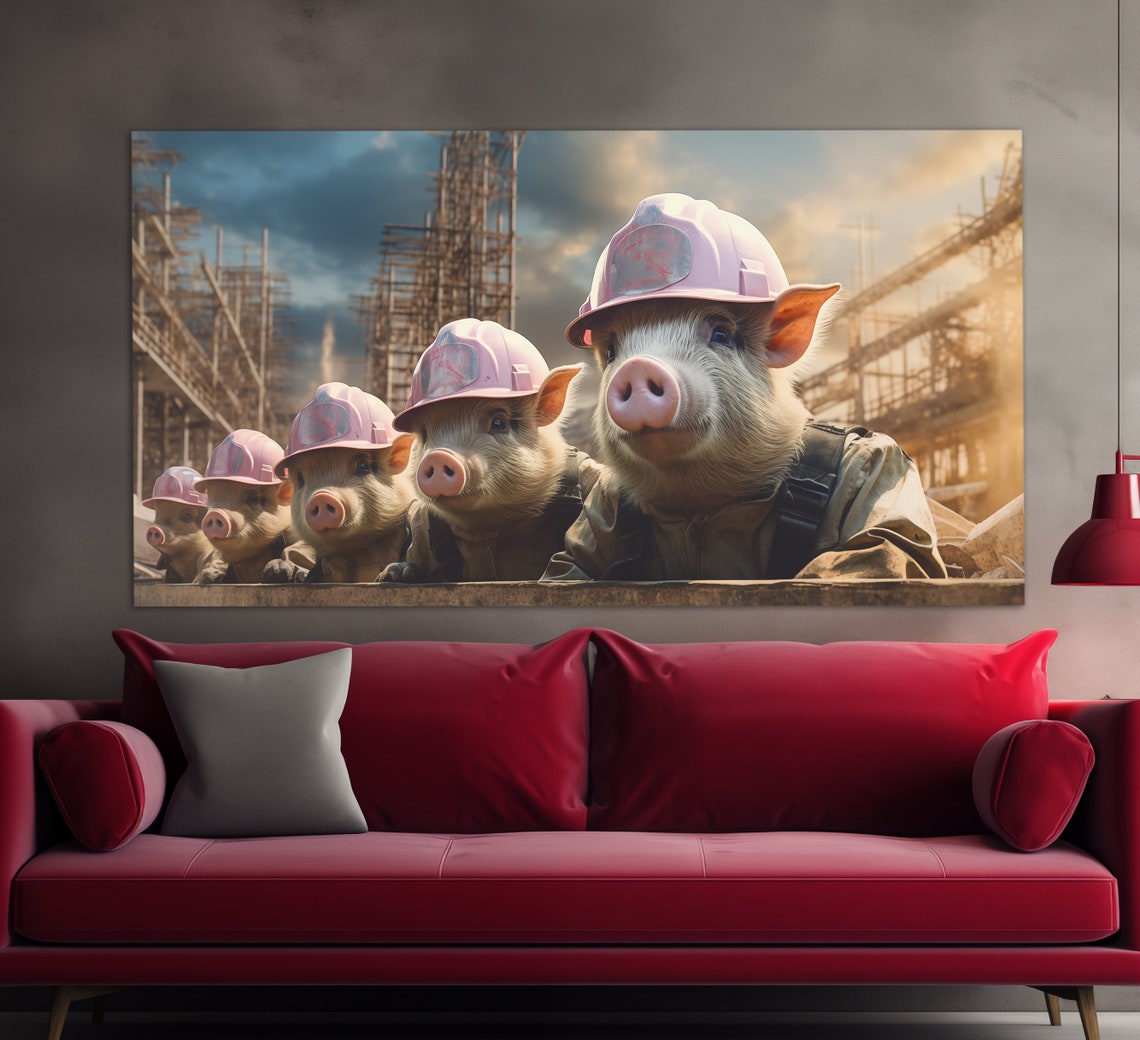 Funny Pigs In Pink Hard Hats Construction Crew Cute Humor Art Poster - Image 3