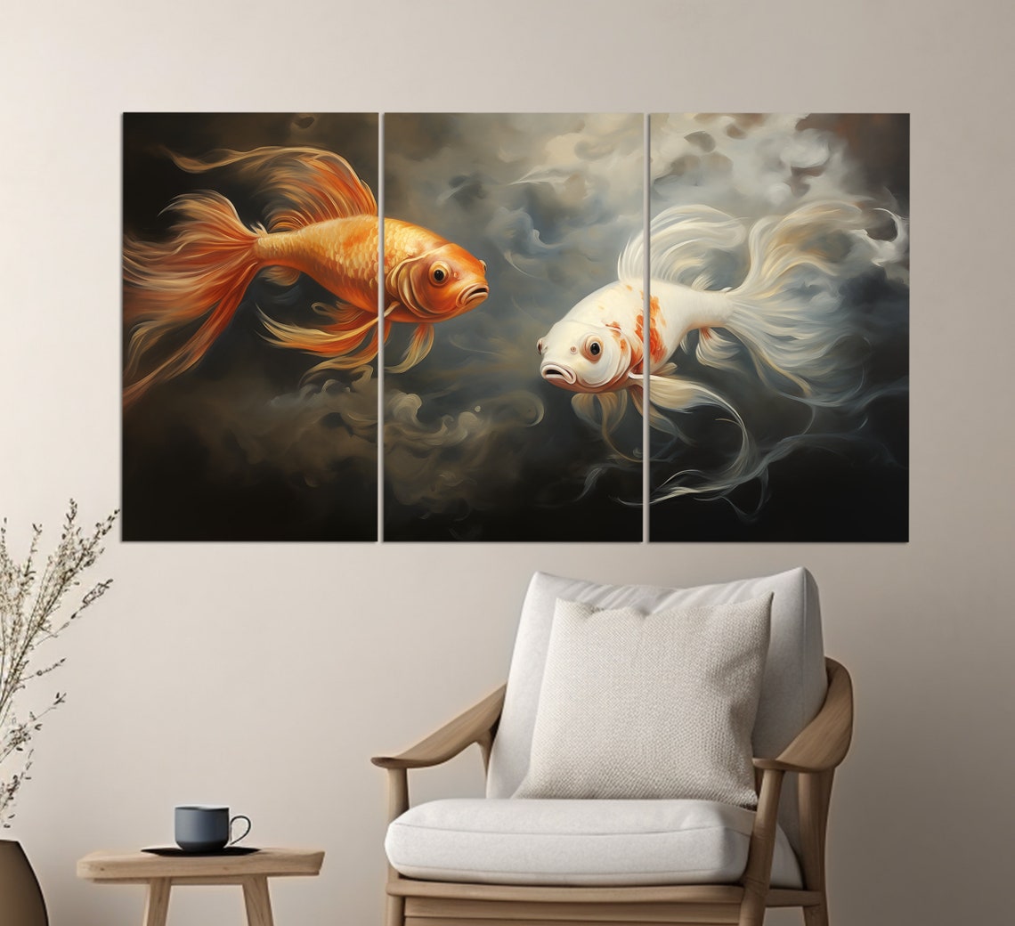 Orange White Goldfish Pair Dark Water Elegant Aquatic Art Poster - Image 2