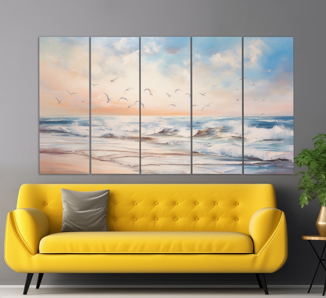 Seagulls Over Ocean Waves Sunset Soft Peach Blue Oil Painting Wall Art - Image 2