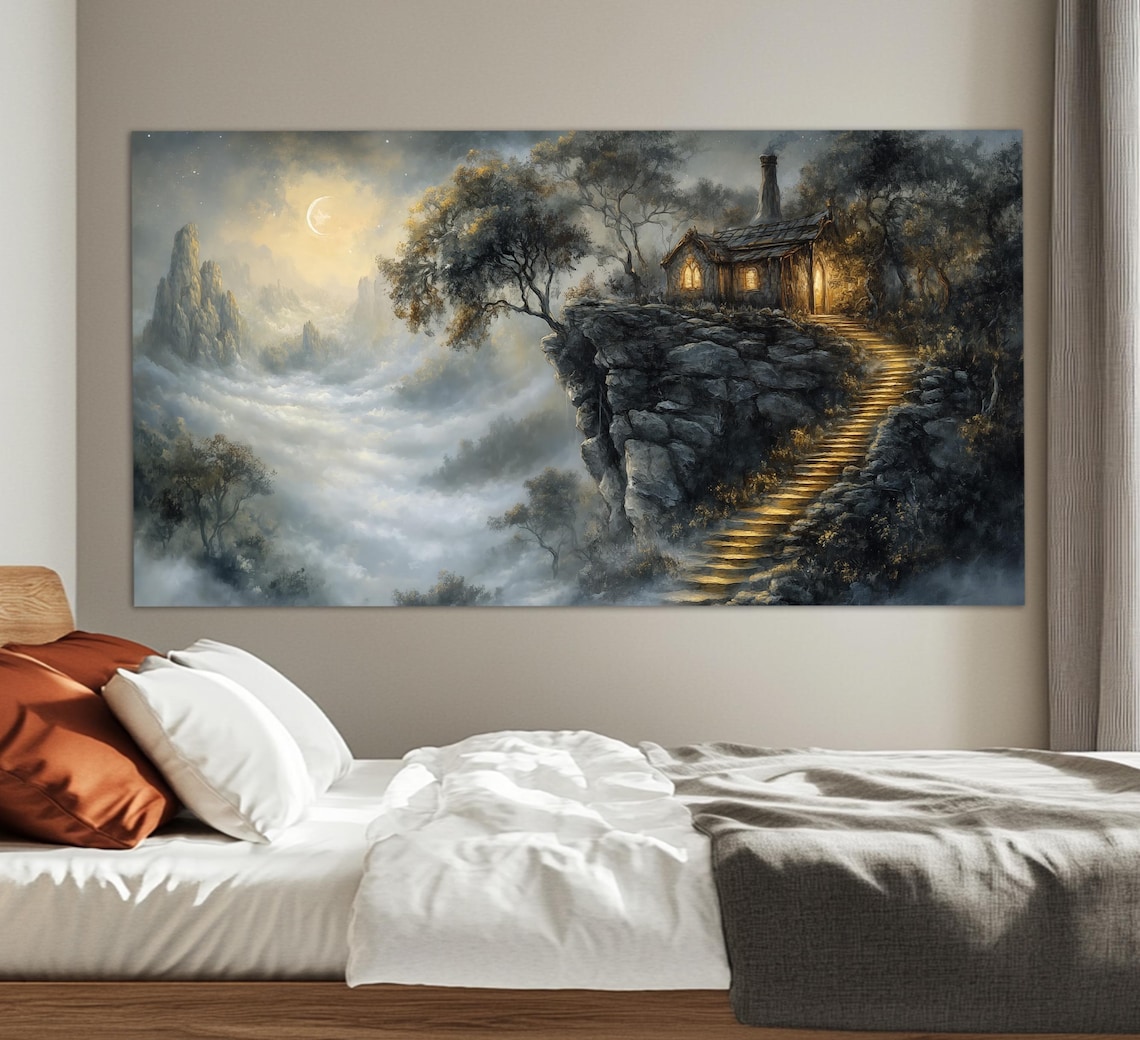 Foggy Fantasy Forest Hut Print Misty Forest House Wall Art Nature Wall Decor Gothic Forest Poster