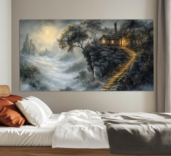 Foggy Fantasy Forest Hut Print Misty Forest House Wall Art Nature Wall Decor Gothic Forest Poster