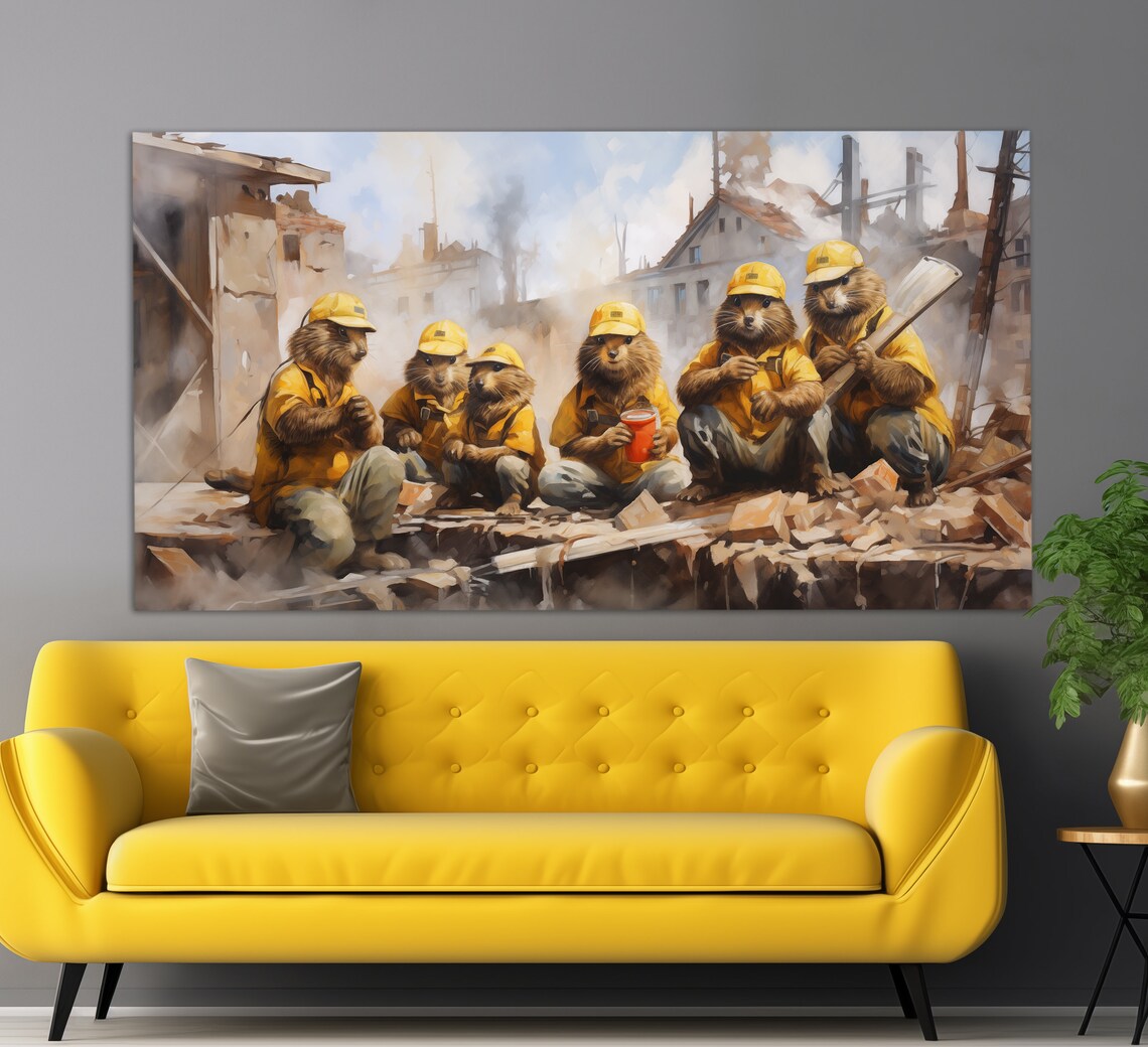 Funny Construction Wall Art Beavers In Helmets Print Abstract Beavers Builders Painting Industrial Wall Decor Funny Builder Gift