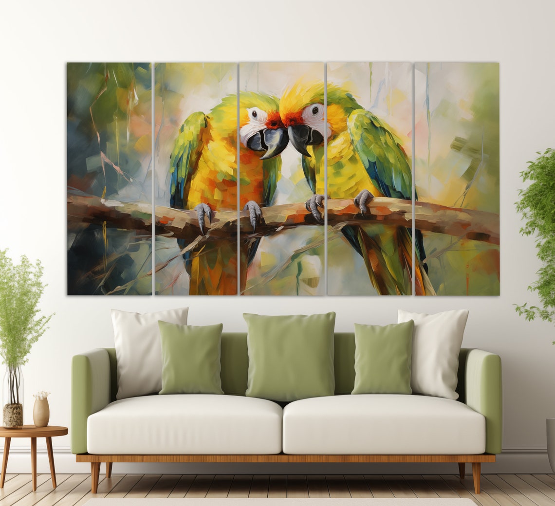 Macaw Parrot Couple Touching Beaks Colorful Oil Painting Wall Art - Image 2