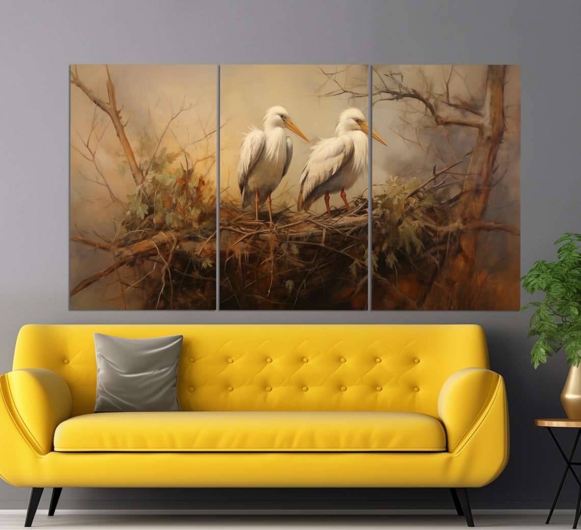 White Birds Nesting Branch Warm Toned Vintage Bird Art Poster - Image 3