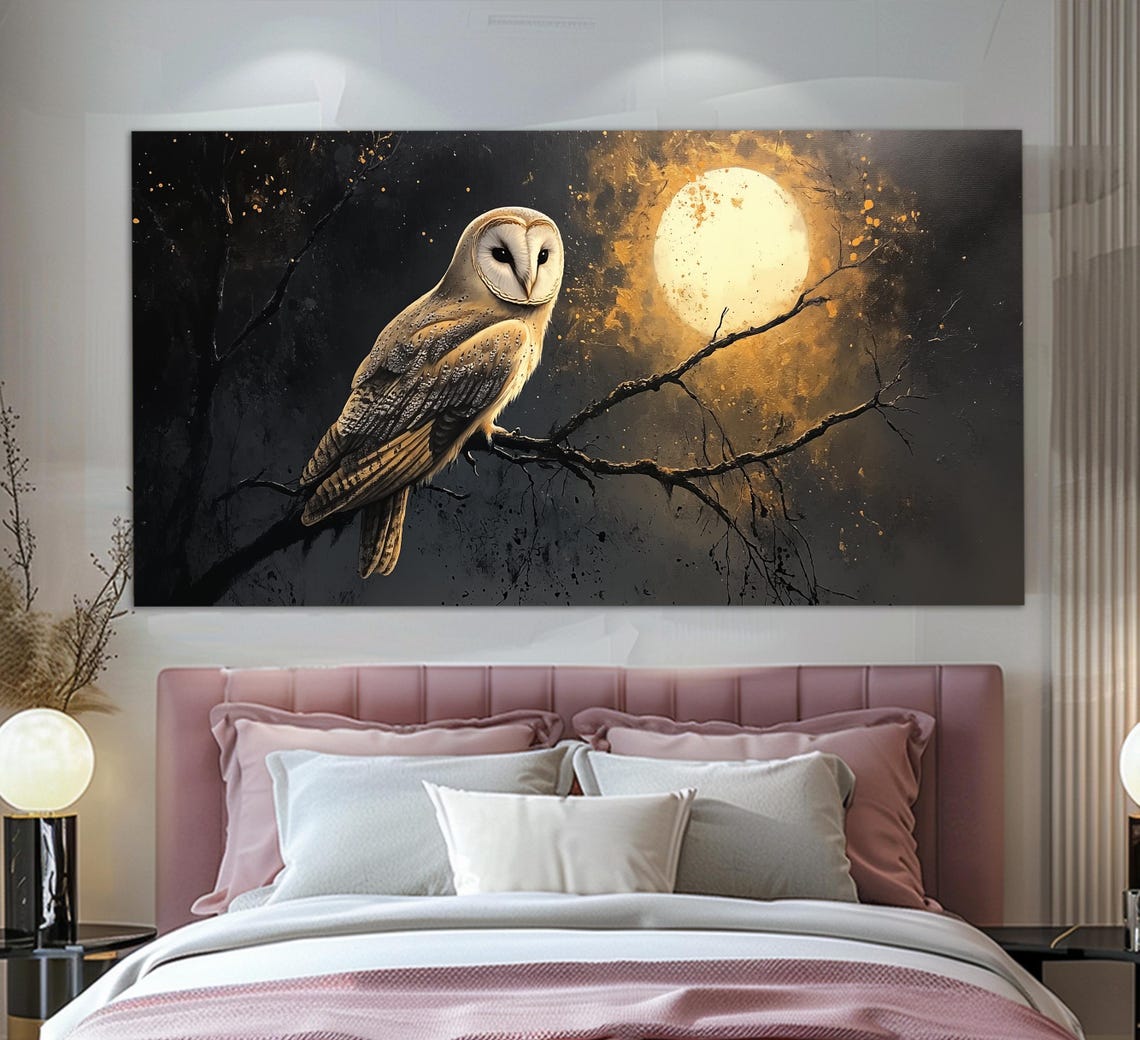 Barn Owl On Branch At Night With Golden Full Moon Vintage Style Poster - Image 4