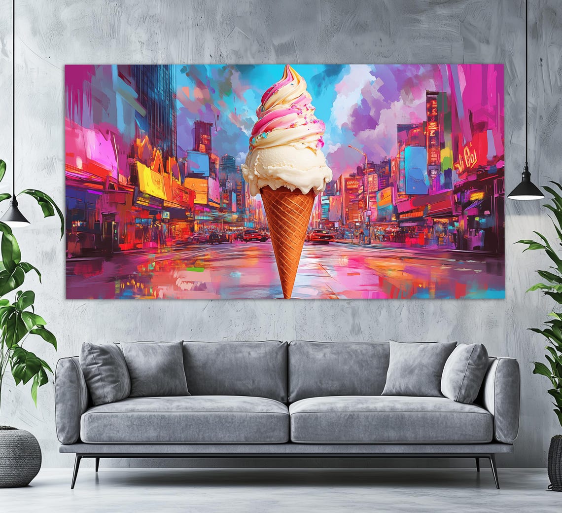 Giant Ice Cream Cone Neon City Night Surreal Pop Art Style Fun Poster - Image 4