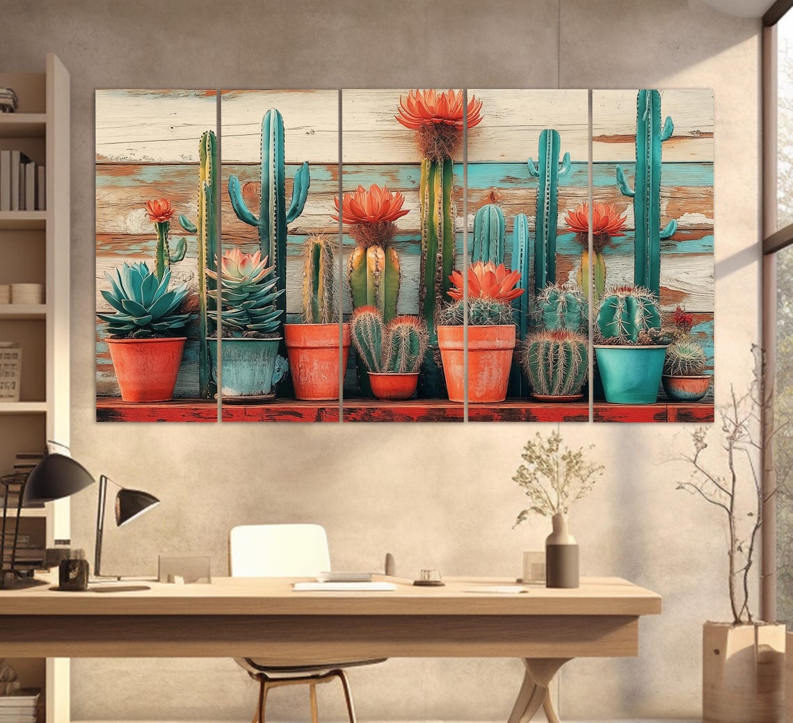 Retro Potted Cacti Red Blooms Wooden Shelf Southwestern Decor Poster - Image 2