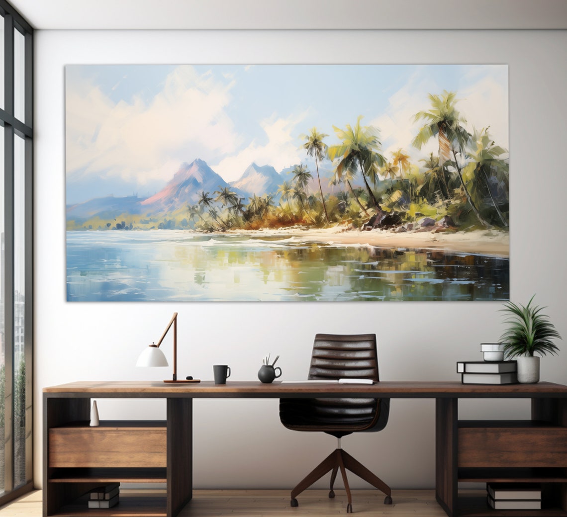 Fiji Tropical Beach Palm Trees Mountain Calm Sea Oil Painting Poster - Image 4