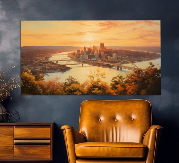 Pittsburgh Sunset Abstract Print In A Vintage Oil Painting Style Pittsburgh Wall Art Pittsburgh Painting Pittsburgh Wall Decor