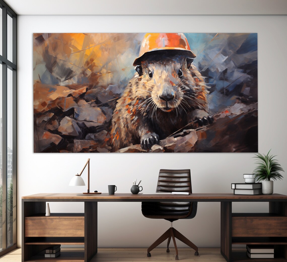 Funny Beaver Miner Wall Art Beaver In Helmet Print Abstract Beavers Miner Painting Mining Wall Art
