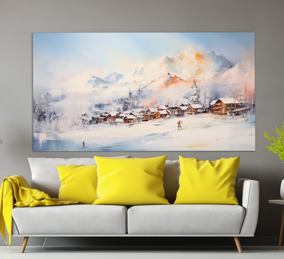 Alpine Ski Resort Village Snowy Peaks Sunrise Soft Watercolor Poster - Image 2