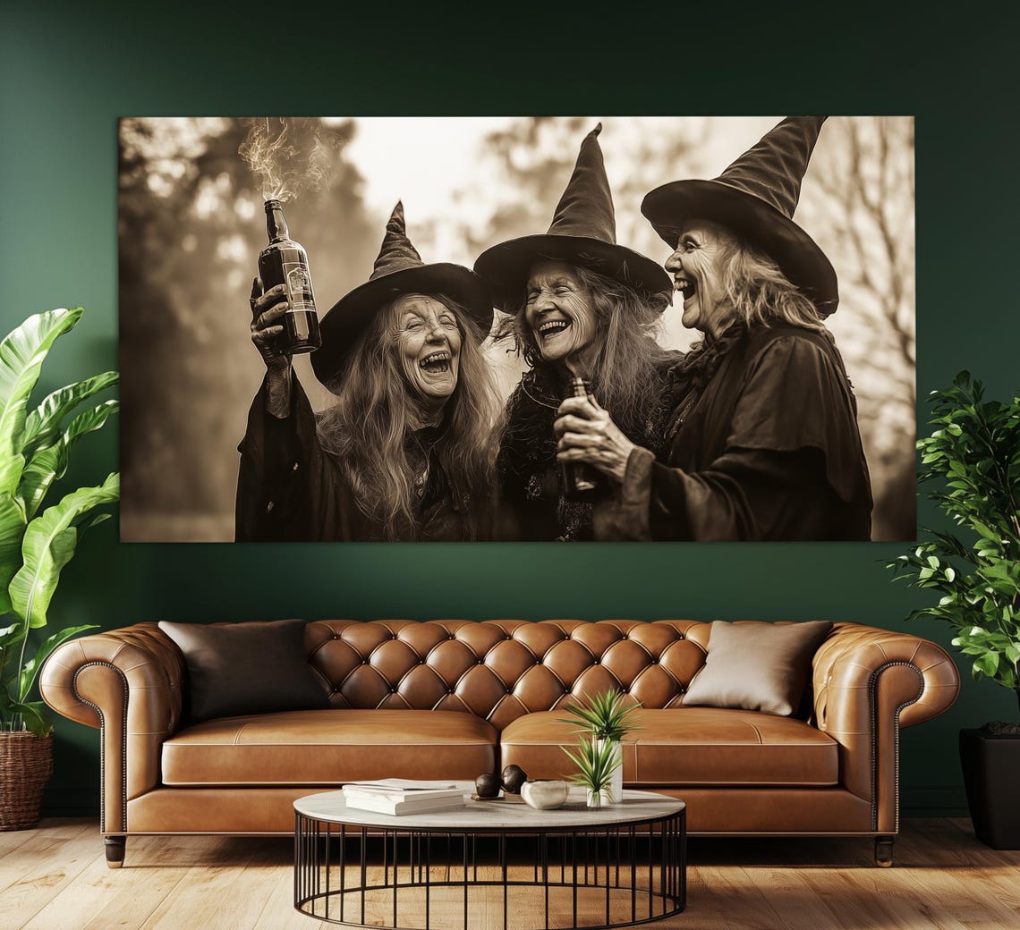 Three Old Witches Laughing Vintage Sepia Photo Style Gothic Wall Art - Image 4