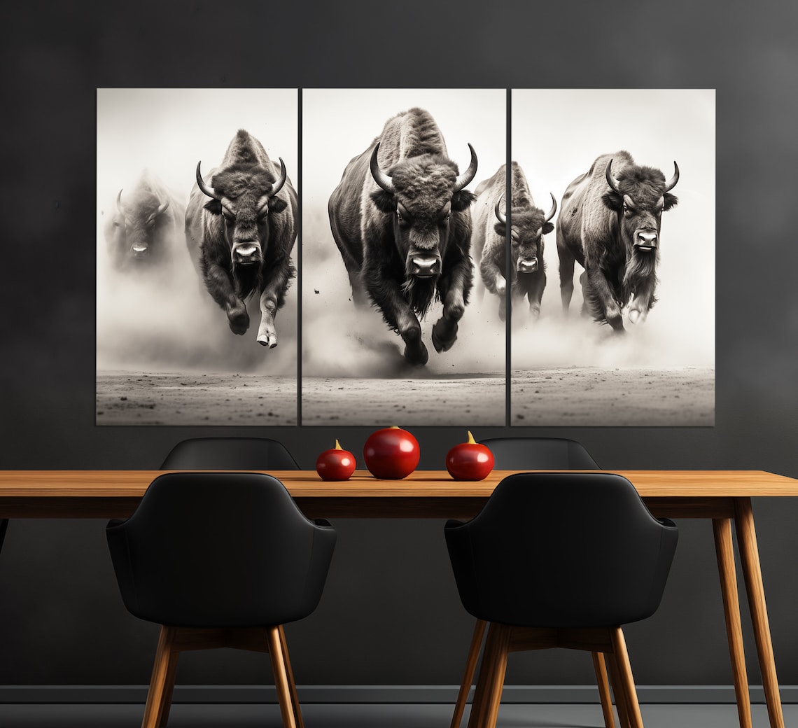 Running Bisons Black and White Animal Art Print - Image 2
