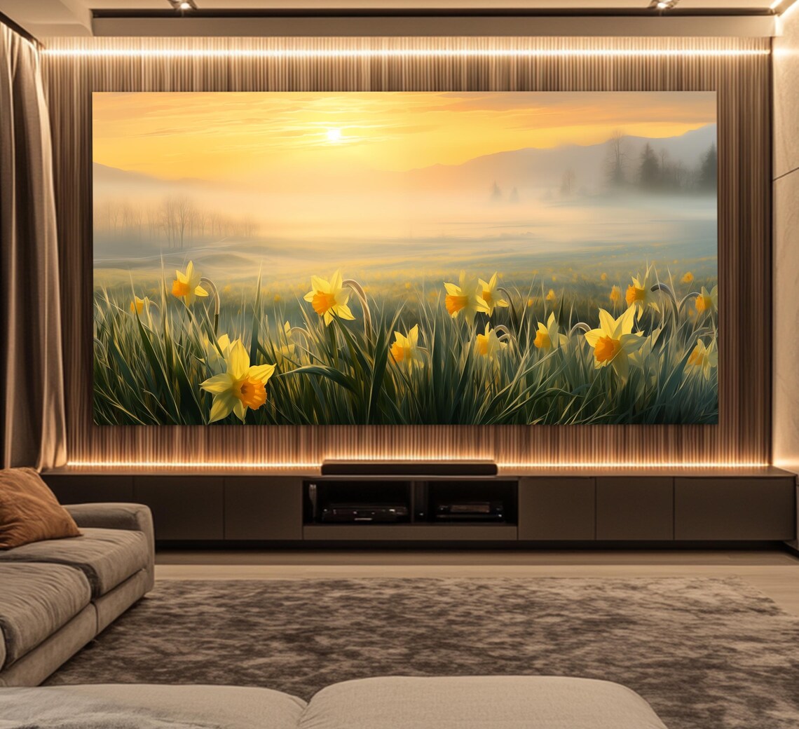 Foggy Dawn Over Narcissus Field, Romantic Art Print - Image 6