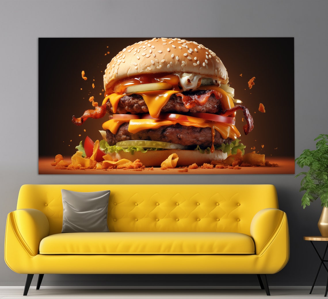 Double Bacon Cheeseburger Flying Ingredients Dark Background Wall Art