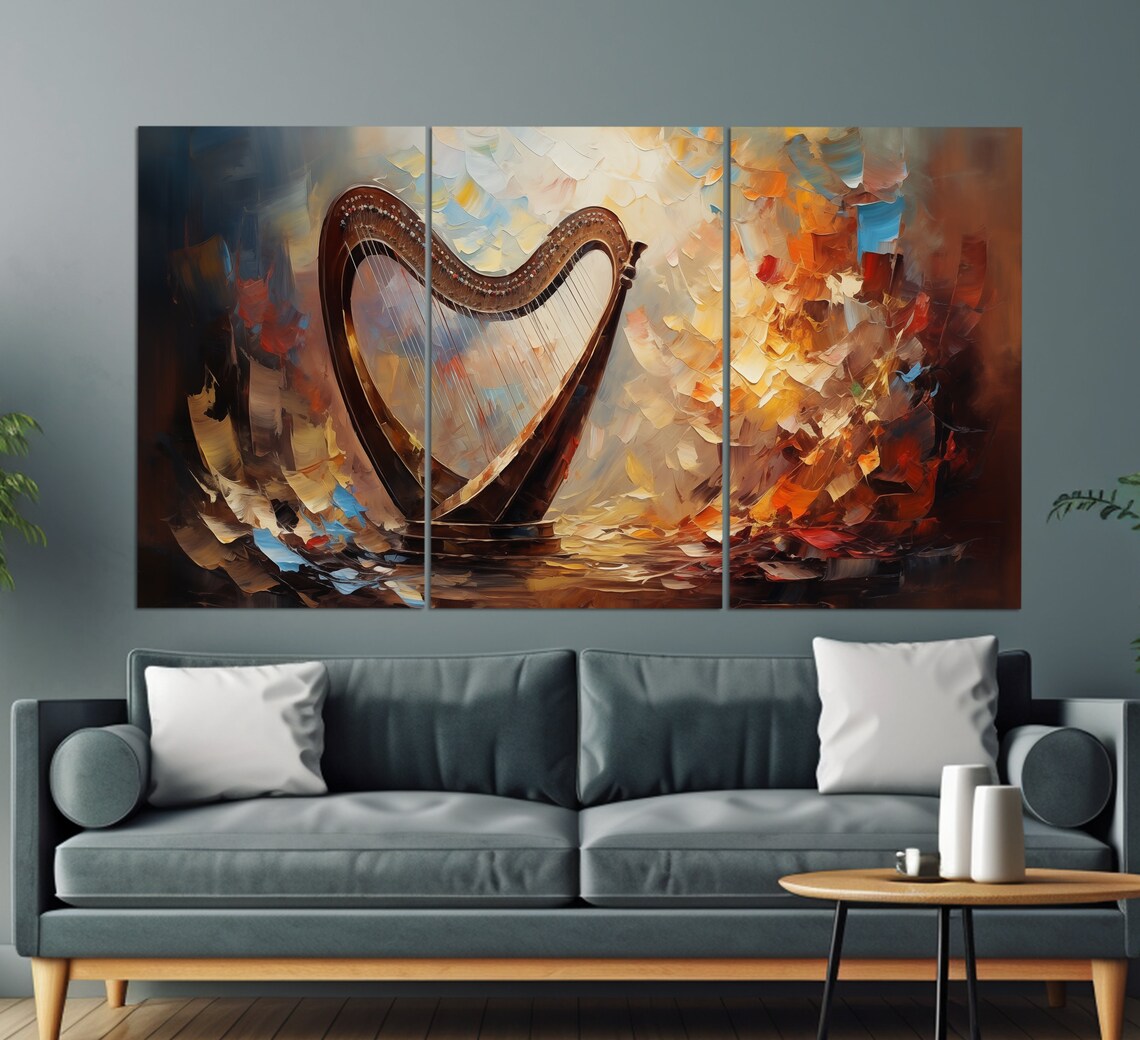 Harpist Girl With Wine Glass Abstract Harp Golden Oil Painting Poster - Image 6